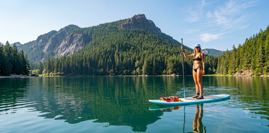 Inflatable paddle board road trip at a mountain lake along I-90