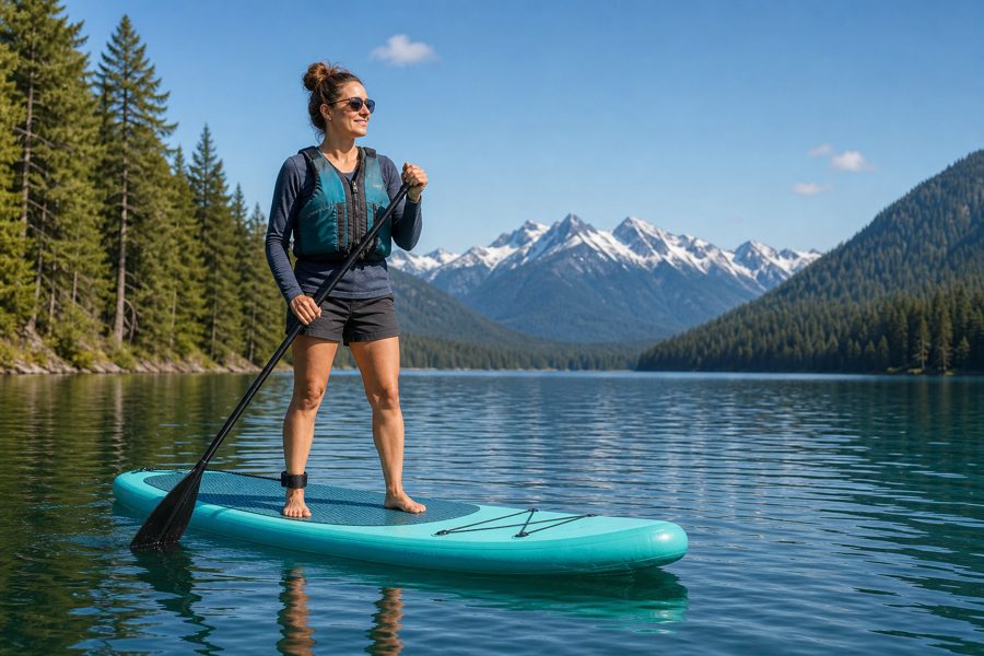 Inflatable paddle board rental gear packed for a Seattle lake day