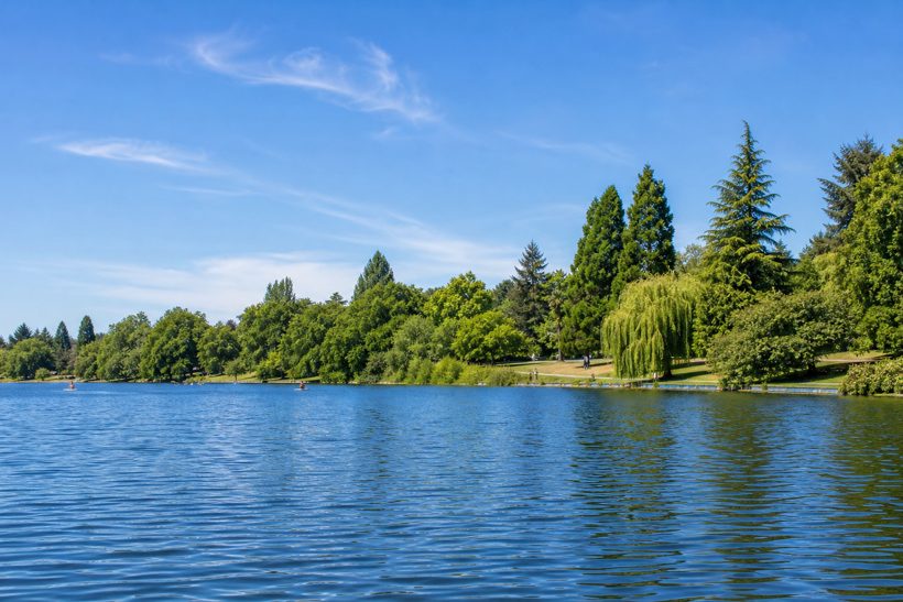 Warm weather paddle board clothing at Green Lake in Seattle
